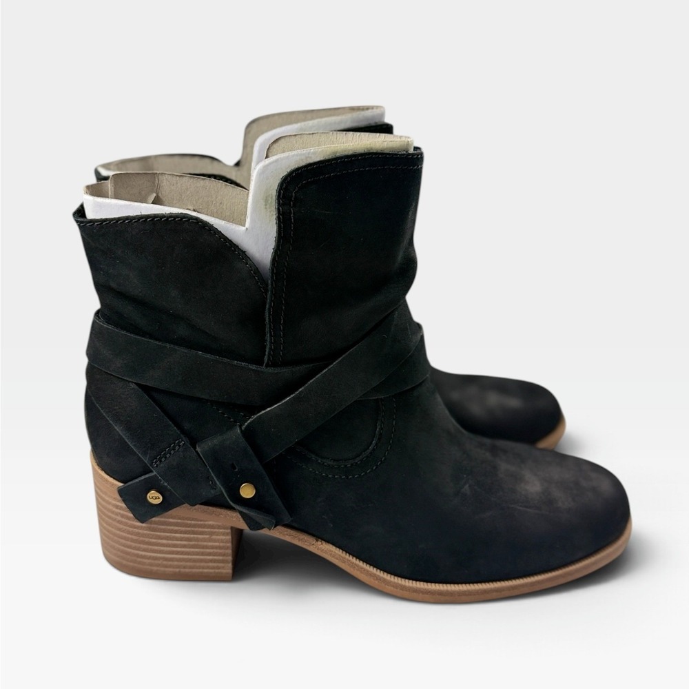 UGG Ankle Boots Elora Women 11 Black Suede Slouchy Harness Block Heel NEW